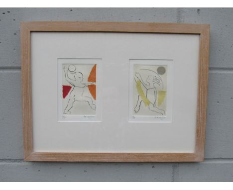 A pair of stylised figurative prints framed as one and glazed, pencil signed 'R A Wright' and numbered from an edition of 20.