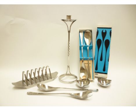 A Vintage Robert Welch stainless steel candle stick, two 'Drift' bowls, two pairs of Alveston servers and a toast rack. 