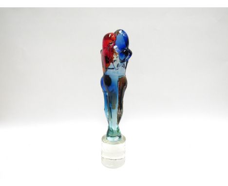 GIULIANO TOSI (b.1942): A Murano glass sculpture, "The Lovers" in blue and red overlays on clear. Signed to pedestal base, 33