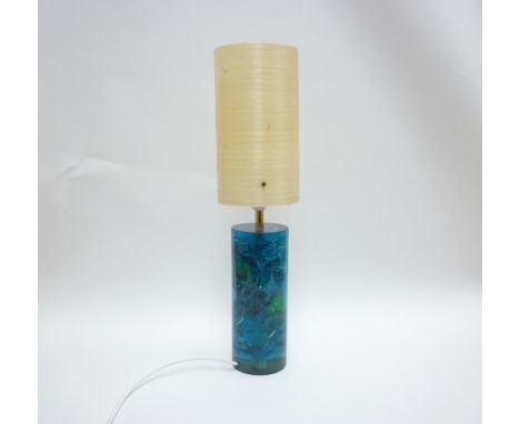 A Shatterline blue lamp base with an off white spun fibre shade. 50cm high including shade 
