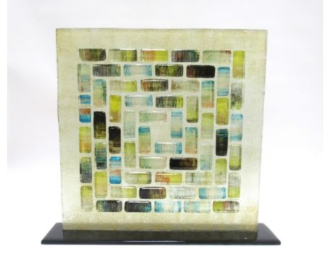 A large contemporary art glass free standing abstract square sculpture on glass base, unmarked. 41cm high x 46cm base 