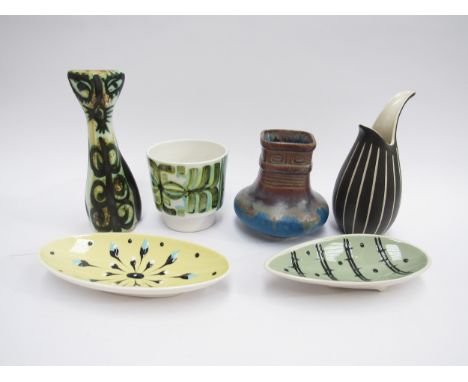 A collection of British pottery to include - a Celtic Pottery figure of a cat, Poole Pottery small studio plant pot with blue