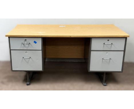 A modern metal and wood office desk with electrical trough to rear, 73 x 160 x 81 cm.
