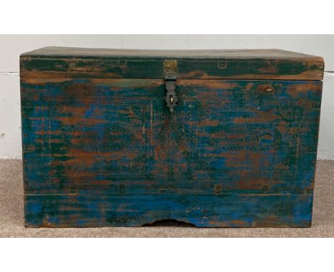 An Indian blue painted dowry chest, the fitted interior with carved tray and boxes, top interior with architectural detail, 4