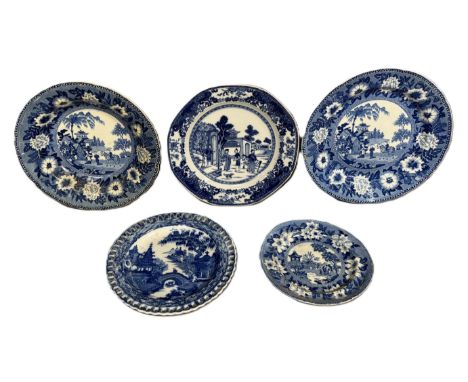 Collection of blue and white china to include; a pierced rim plate with hand written label, "Leeds Pottery, Chinoiserie C. 17