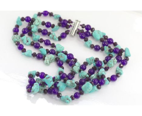 Turquoise, amethyst and crystal 3 strand necklace size: approx 44cm length