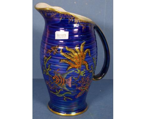 Crown Devon blue lustre ware jug with gilt and enamel marine decoration, height 19cm approx