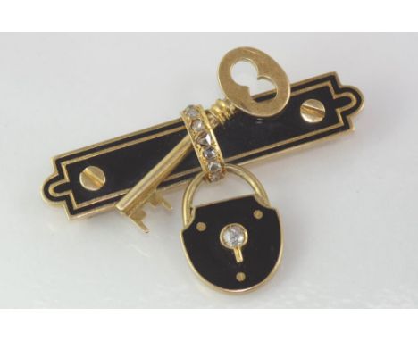 Good vintage 15ct gold, diamond and enamel brooch with key and lock, circa 1930s, weight: approx 15.8 grams, size: approx 5.5