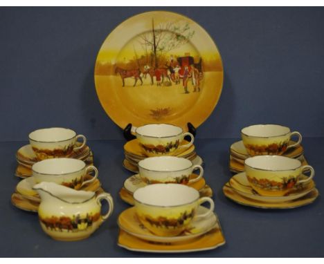 Twenty nine piece Coaching Days part teaset Royal Doulton marks to bases, including 7 cups (1 as inspected), 11 saucers, 5 sq