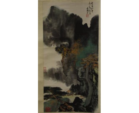 Chinese scroll mountain scene character marks upper right.  67cm X 33cm approx (image only).