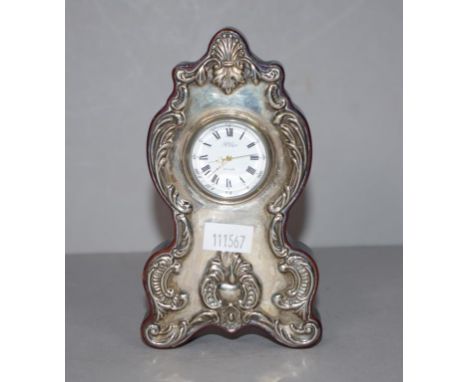Sterling silver mounted bedroom clock hallmarked Sheffield 1994, height 13cm approx