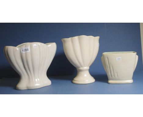 Three various vintage McCredie Australian pottery including 3 various vases, white glazed with green glaze interiors. Each wi