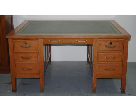 Vintage oak partner's desk with tooled insert writing surface and slide out work shelves, 152.5cm x 122cm, 78cm high
