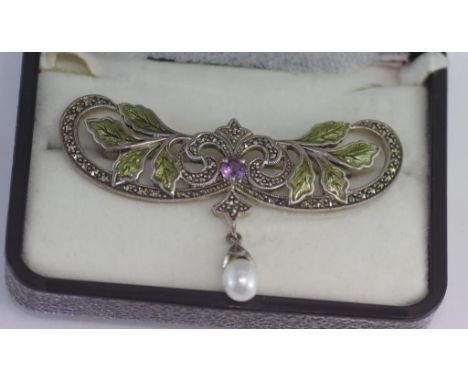 Silver, amethyst, pearl and enamel brooch in Art Nouveau style