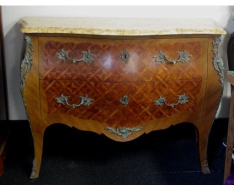 French marble top parquetry bomb‚ commode with ormolu mounts, 122cm wide, 51cm deep, 86cm high approx