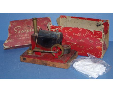 Vintage "Scorpion" model donkey engine in original box (worn), on wooden base, with supply of wicks. Height 18cm approx.