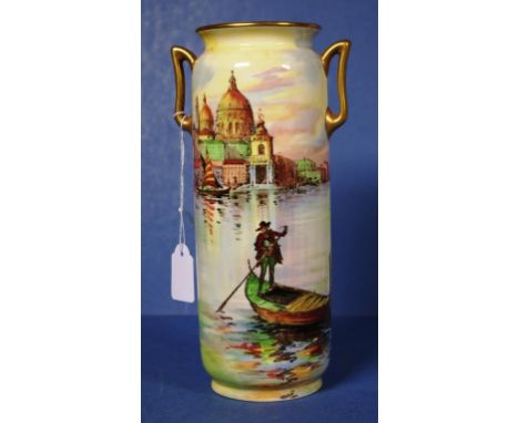 Vintage Royal Doulton Venice vase Venice scene decoration, dual handles. Marked to base and #1238. Height 21cm approx.