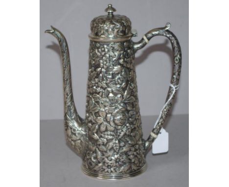 Vintage American sterling silver coffee pot marked A. Jacobi & Co., Baltimore and Sterling #165. Embossed flower and leaf dec