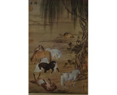 Chinese scroll  of horses 59cm X 35cm approx (image only).