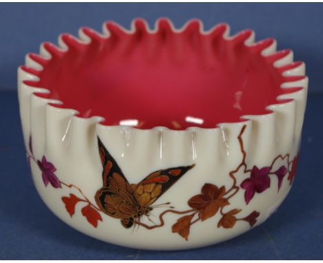 Victorian pink and white cased glass bowl with hand painted butterfly & leaf decoration, diameter 12cm approx