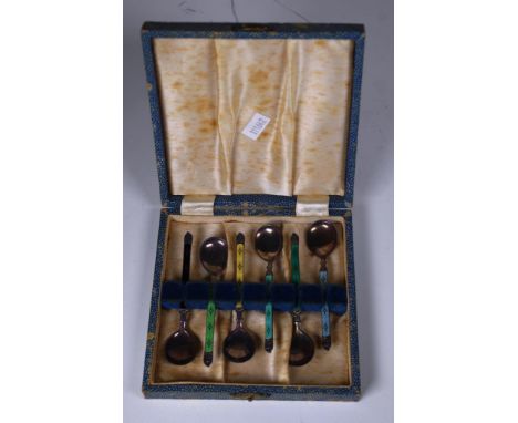Boxed set  Norwegian silver & enamel spoons sterling silver coffee spoons by Hestenes. Enamel handles and gilt washed bowls. 