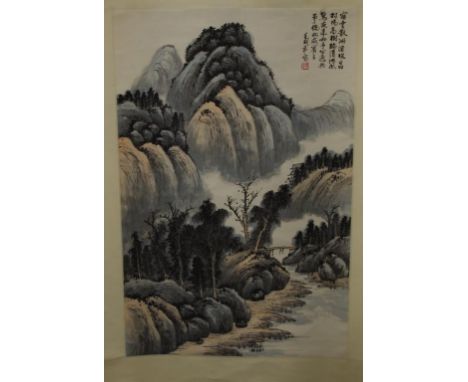 Chinese scroll mountain & river scene character marks upper right. 80cm X 43cm approx (image only).