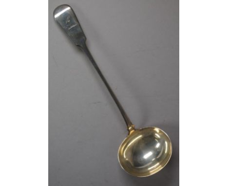 George IV sterling silver soup ladle fiddle pattern with armorial, hallmarked London 1822 (John & Henry Lias), 33.5cm long, 2