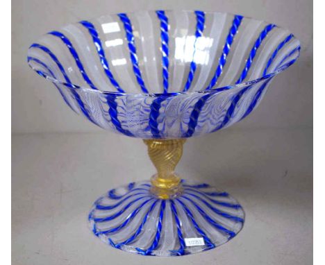 Superb large vintage Murano latticino footed bowl cobalt blue with gold aventurine detail, height 20cm approx, diameter 28cm 