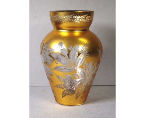 Large vintage floral engraved glass vase with gilt overlay, 26cm high approx.