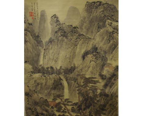 Chinese scroll mountain & waterfall scene character marks upper left. 80cm X 43cm approx (image only).