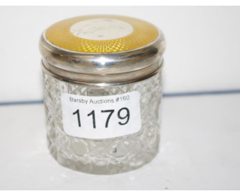 George V sterling & enamel lidded toilet jar Birmingham 1911, makers Williams (Birmingham) Ltd. Lid with gilt enamel decorati