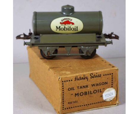 Vintage boxed Hornby Series "Mobil oil" wagon oil tank wagon, RS702, marked "Gargoyle Mobiloil". In original box. Length 18cm