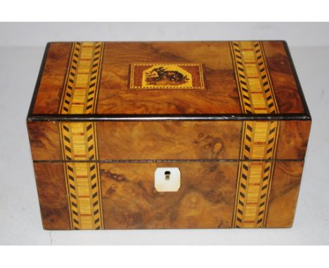 Tunbridge ware timber tea caddy with MOP escutcheon & key, 20cm x 11cm, 11cm high approx.