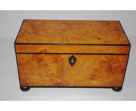 Georgian burr walnut tea caddy with ebony stringing & escutcheon & twin lidded interior, circa 1800, 11.5cm x 23.5cm, 13cm hi