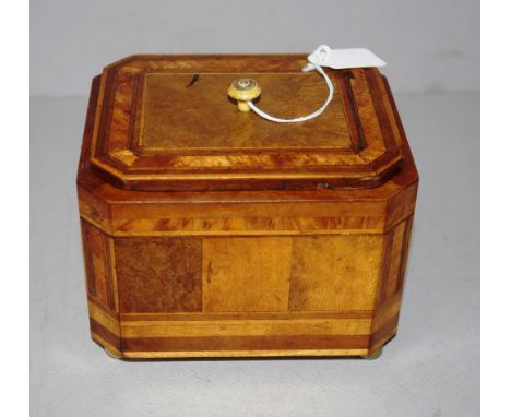 Small late Georgian parquetry tea caddy with spoon drawer & ivory knob, circa 1810, 13.5cm x 11cm, 11cm high approx.