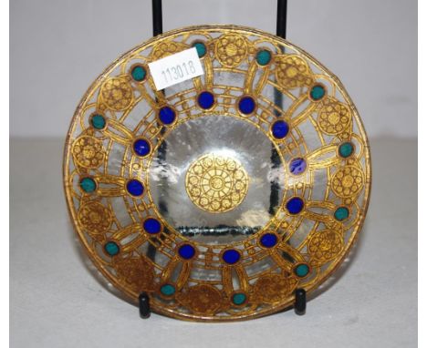 Peter Crisp Australian studio glass dish with gilt & enamel decoration, 11.5cm diameter approx.
