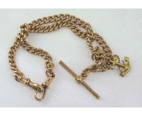 9ct rose gold fob chain with parrot clasps and a t-bar, together with an attached anchor charm marked 14K, total weight appro
