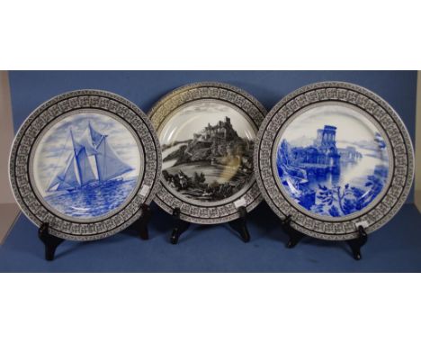 Three vintage Wedgwood display plates including decoration of yacht 'The Rebecca,' and 2 various classical castle scenes. Cir
