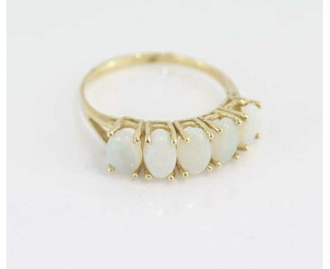 9ct Yellow gold and 5 solid opal ring marked 10K, weight: approx 1.69 grams, size: approx N/6-7