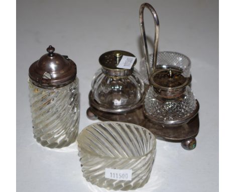 Five vintage silver plate condiment pieces including condiment stand with 1 piece missing; matching glass open salt and musta