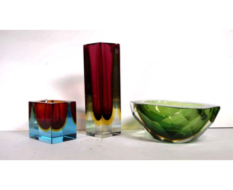 Three vintage Kosta Boda Sommerso art glass items all square faceted,to include 2 vases and a bowl, height 19cm (tallest)