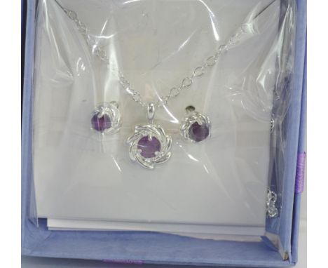 Boxed amethyst pendant and earring set