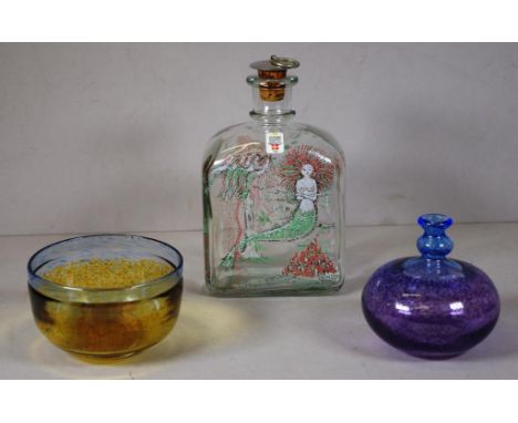 Holme Gaard HC Andersen glass decanter marked to base; together with 2 art glass Boda items,each by Vallien, to include a vas