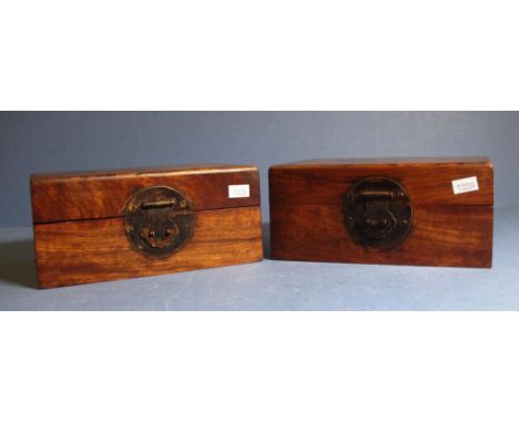 Pair vintage Chinese rosewood boxes each with traditional brass closure. Length 19.5cm Height 9cm approx (each).