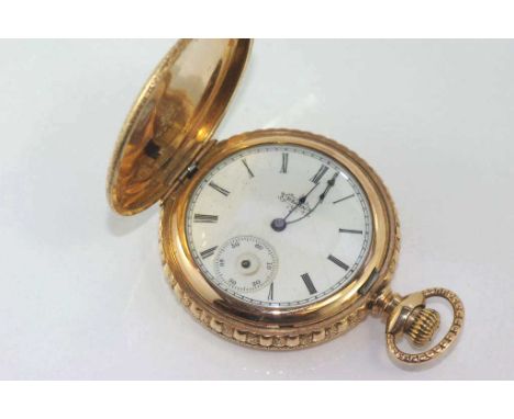 Antique gold plated full hunter pocket watch white enamel dial marked ELGIN, with applied gold design of bird & flowers to fr