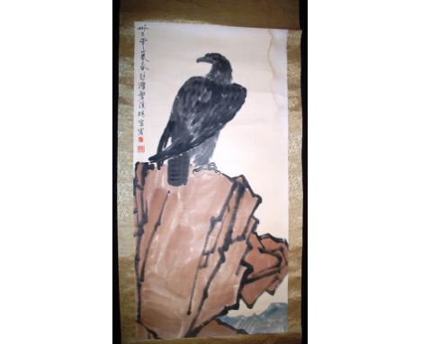 Attributed Xu Beihong (Chinese 1895-1953) scroll Eagle on a Mountain, signed upper right, watercolour print scroll on paper w