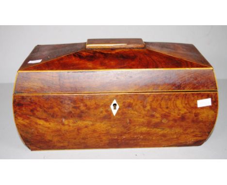 Antique mahogany tea caddy with sarcophagus shape with 3 section interior and brass side handles, width 94cm X depth 16cm X h