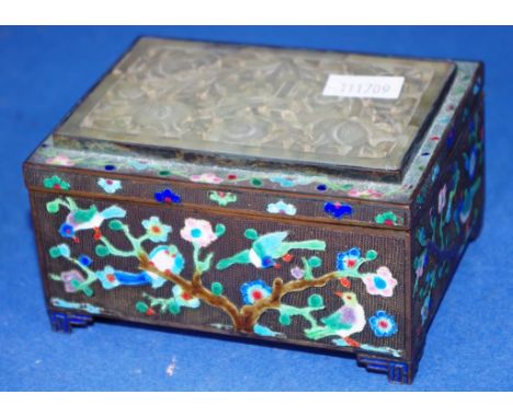 Antique Chinese enamel brass lidded box inset carved jade to lid, enamel decoration of birds and flowers to sides and interio
