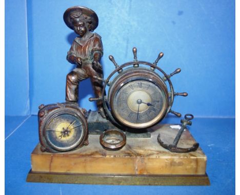 Antique figural clock & barometer mantle piece with sailor boy, ships wheel & anchor on marble base, together with keys, heig