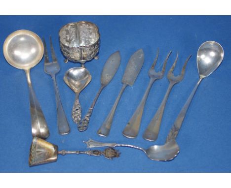 Quantity of Dutch silver flatware including ladle, pickle forks & butter knives, and a silver salt cellar, 326g approx.